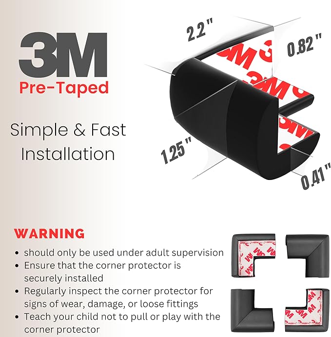 Soft Foam Corner Protectors for Baby, Bed Frame Corner Guards, Sharp Edge Desk Furniture Safety Cover Bumpers for Kids, 3M Adhesive Pre-Taped Rubber Padding Cushion (Black, 12 Pack)