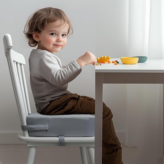 Toddler Booster Seat for Dining Table, Waterproof Kids Booster Seat for Kitchen Chair, High Density Foam Cushion with Non-Slip Bottom, Washable Cover & Adjustable Straps (Grey)