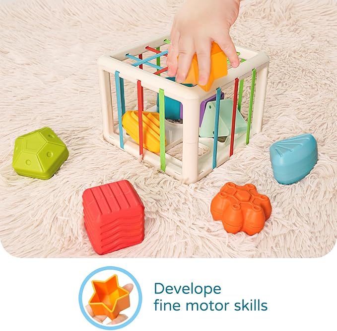 LiKee Shape Sorter Toys for 1+ Years Old, 10pcs Montessori Baby Blocks, Sensory Toddler Learning Toy for Fine Motor Skills, Infant Developmental Toys Gift for Boys Girls Ages 18+ Months