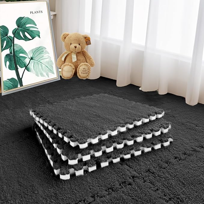 16pcs 0.6" Thickened Interlocking Tile Mats,Fluffy Shaggy Soft EVA Foam Area Rug for Living Room & Bedroom,Non-Slip Protective Floor Carpet Play Mat Kids Baby Dorm Home Decor (11.8ft, Black)
