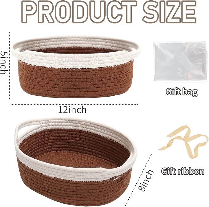 JMvicyroam Woven Basket,Small Rope Storage Bin with Handles & Ribbon Bag, Organizer for Shelves Closets,Gift Basket Empty for Birthday,Books,Dog Toys, White&Brown/3 Pack