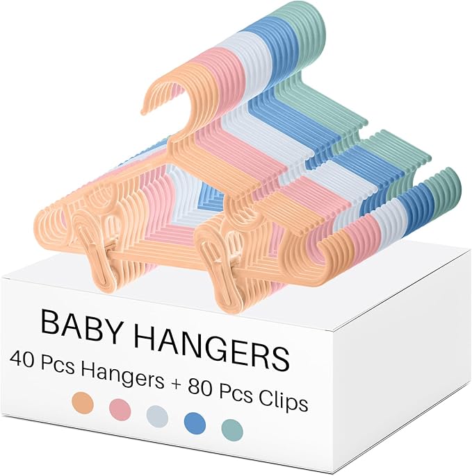 Hsei 5/10/40 Pack Baby Hangers with 10/20/80 Clips, Plastic Kids Pants Hangers for Nursery Closet Top and Bottom Clothes Hanger Set for Newborn Infant Toddler(120 Packs Total,Morandi Color,10.6 Inch)