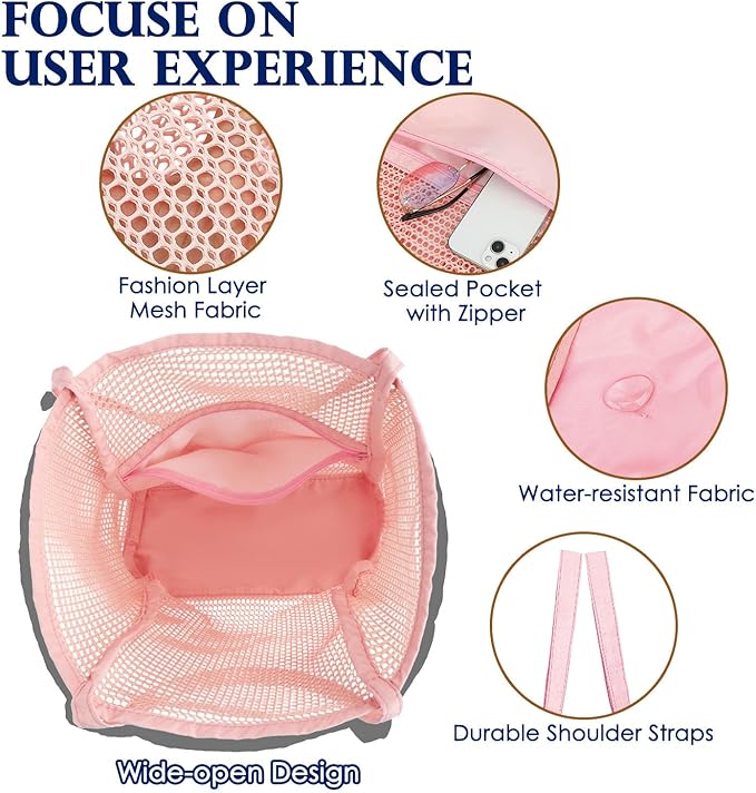 Mesh Beach Bag, Large Beach Tote with Zipper Pocket for Family Pool Bag for Toys & Vacation Essentials