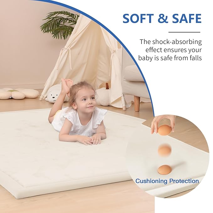 Huloo Sleep Ultra Soft Baby Play Mat for Floor,1.3" Thick Elasti-Foam 47x47 Play Mat for Playpen,Water-Repellent Coral Velvet for Tummy Time, Non-Slip Backing Safe for Toddlers & Infants（Cream）