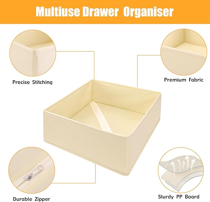 Foldable Dresser Drawer Organizers Clothes & Underwear Storage Box Drawer Divider Organizer Basket Bins for Socks, Bras - 3 Pack (Creamy-White)