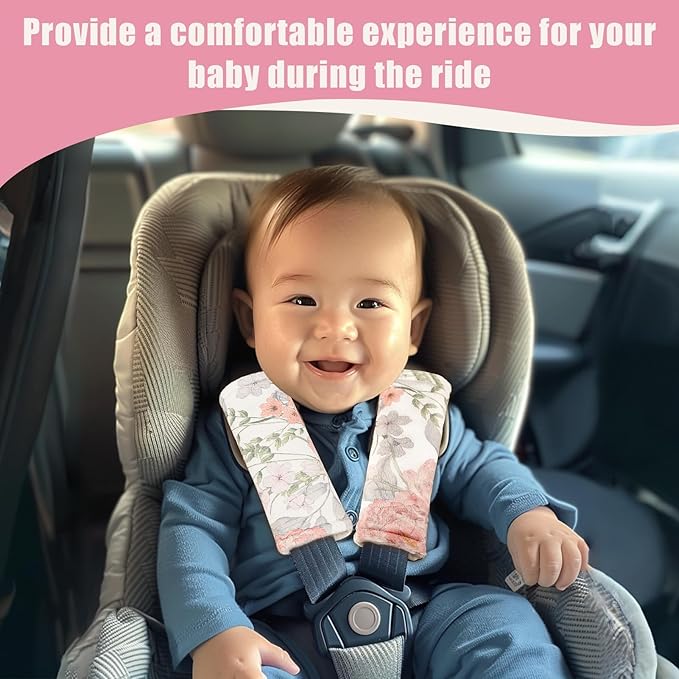 Car Seat Strap Pads for Baby Kids, HNHUAMING Ultra Soft Pink Carseat Straps Shoulder Covers, 2 Pack Infant Seat Belt Cover Pad for Baby Car Seats/Strollers/High Chair/Pushchair, Floral