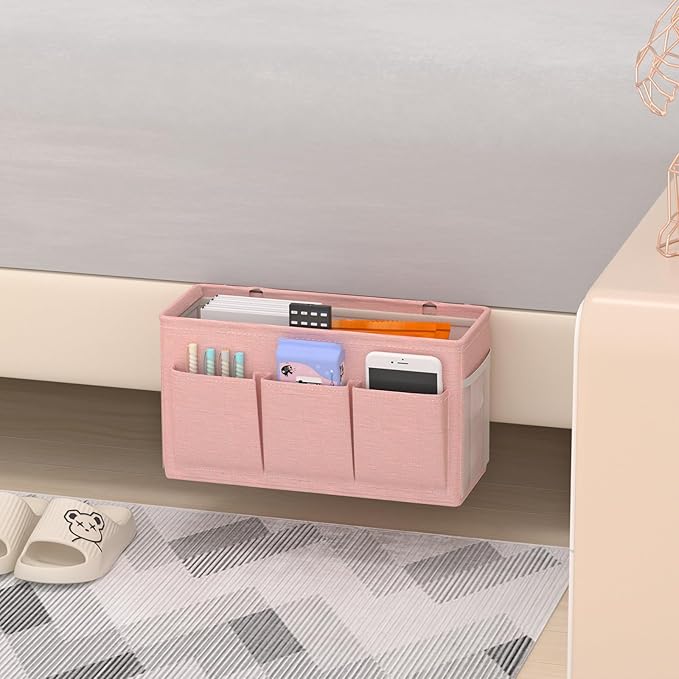 Edudif Dual-purpose Bedside Caddy Bedside Organizer, Bed Caddy with 6 Pockets, Versatile Bedside Storage Solution Magazine Remotes holder, ideal for Home, Dorm, Hospital, Crib Bed (Pink)