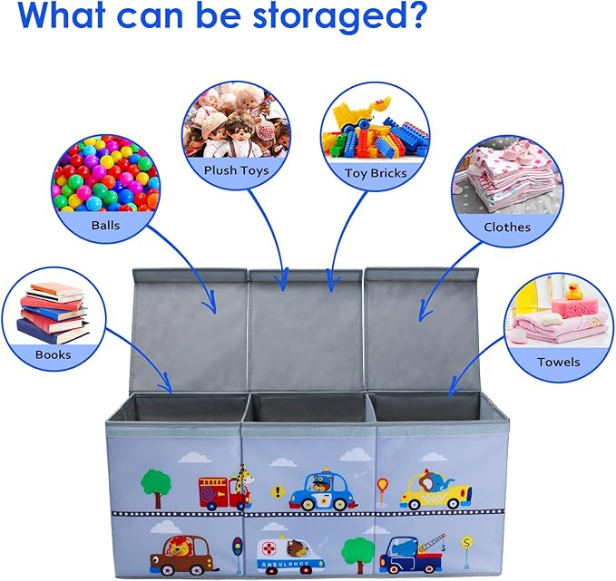decalsweet Toy Box Chest for Kids, Collapsible Oxford Toy Storage Box with Handles for Boys, Extra Large Sturdy Waterproof Toy Organiser for Bedroom Playroom, 37.7×12.5×15.7 Inch (Animal Cars)