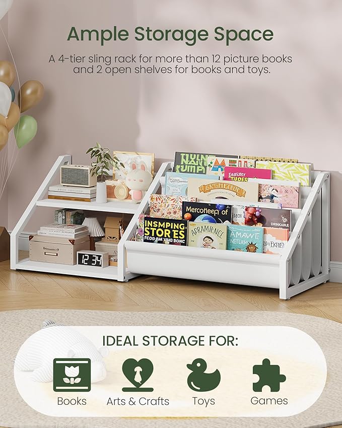 CHOEZON Kids Bookshelf, Book Shelf for Kids Rooms, Toddler Bookshelf with 2 Open Shelves and 4-Tier Sling Rack, for Kid Room, Nursery, Bedroom, Playroom, White TCW16WB