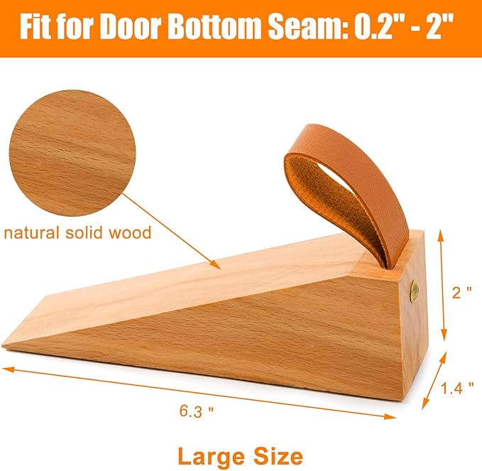 Large Wood Door Stopper, Solid Wooden Non-Slip Door Wedge, Sturdy and Durable Door Stop Wedges, Fit for Door Bottom Seam (0.2" - 2") Large 1 Pack