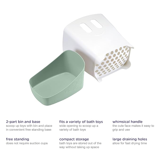 Ubbi Freestanding Bath Toy Organizer Bath Caddy with Removable Drying Rack Bin & Scoop for Toddlers + Baby, Sage (Pack of 2)