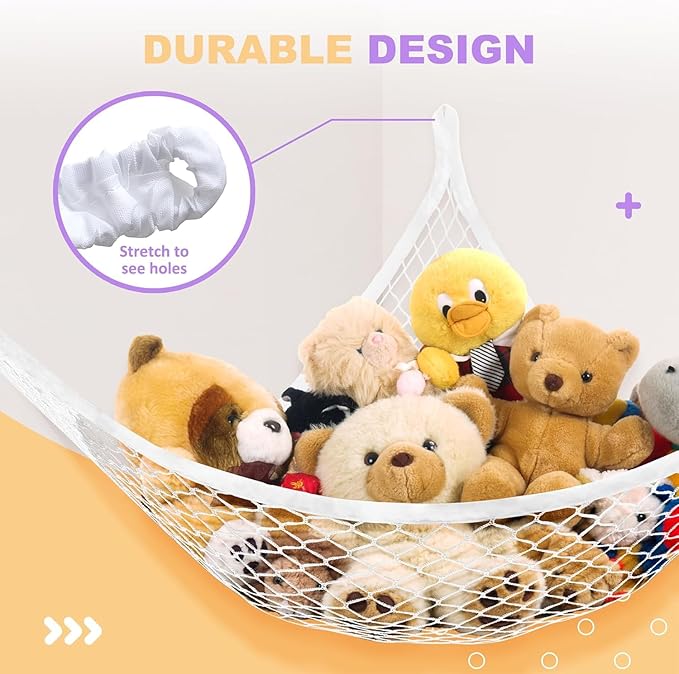 Lazebox Stuffed Animal Net Hammock for Plushie Toys, Stuffed Animal Hammock Corner for Kids' Room Decor, Ideas for Organizing Stuffy Collection, White, L (67" x 40" x 40")-Pack of 1