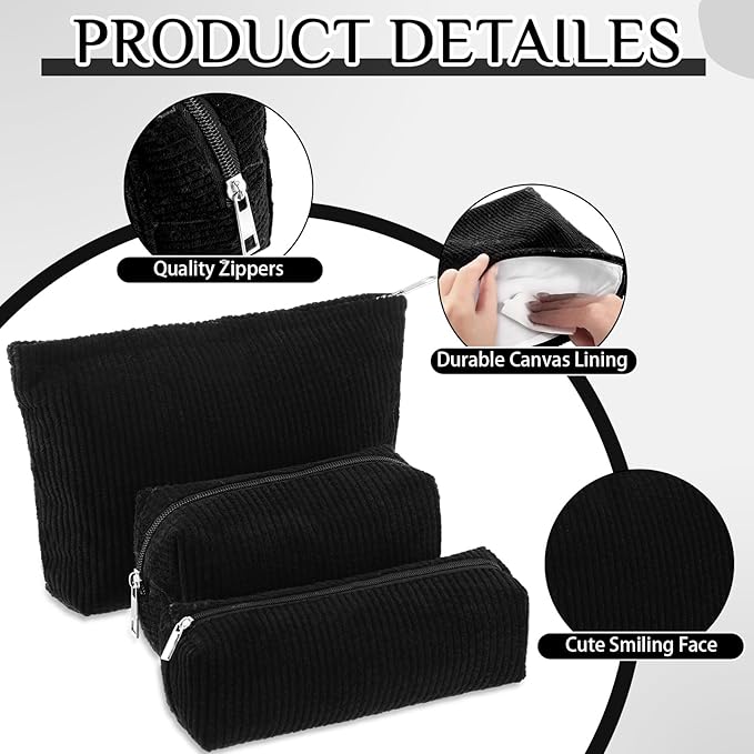 3 Pcs Makeup Bag Set for Women Corduroy Cosmetic Pouch Aesthetic Smile Travel Toiletry Bag Cute Purse Pouch Pencil Case Makeup Brushes Storage Organizer with Zipper(Black,Solid Style)