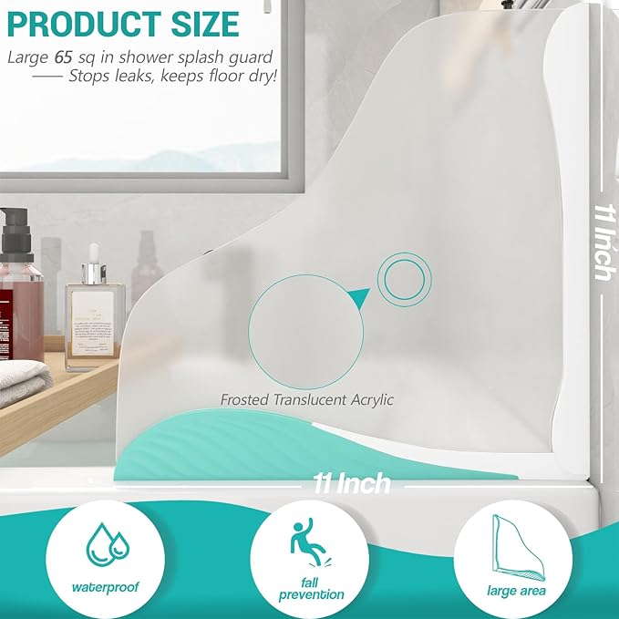 Shower Splash Guard, Splash Guard for Bathtub, Shower Water Guard with Adjustable Silicone Base, Large Water Barrier, Frosted Acrylic & Silicone Base, for Tub, Sinks, Washbasin –11in×11in