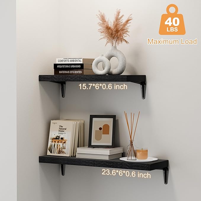 SKYSEN Floating Shelves for Wall Set of 6, 23.6in Wood Wall Shelf for Decor, Bathroom, Bedroom, Storage, Book,Kitchen, Living Room - Black(fs-60-b)