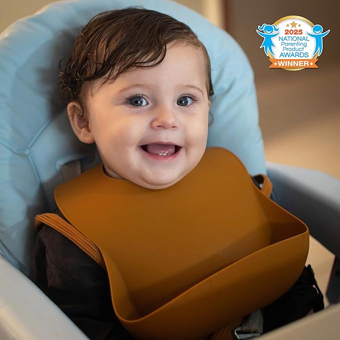 Moonkie Silicone Baby Bibs Set of 3, BPA Free Waterproof Baby Bibs for Eating, Soft Adjustable Silicone Bibs for Babies 6-12 Months, Toddler Bibs with Large Pocket Food Catcher (Ether/Sage/Cream)