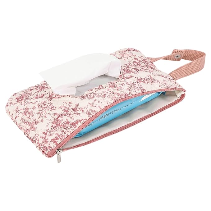 Quilted Baby Wipe Holder Floral Diaper Pouch Portable Quilted Wipes Bag for Car, Stroller (Pink 2)