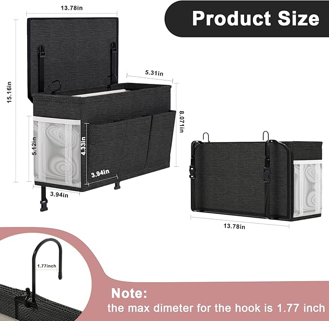Edudif Dual-purpose Bedside Caddy Bedside Organizer, Bed Caddy with 6 Pockets, Versatile Bedside Storage Solution Magazine Remotes holder, ideal for Home, Dorm, Hospital, Crib Bed (Black 2 pcs)