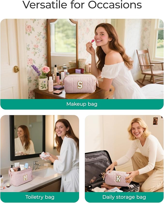 BAGSMART Birthday Gifts Personalized Initial Makeup Bag, Trendy Stuff Gifts for Women Bridesmaid Graduation, Puffy Padded Make Up Bags for Women, Wide-open Toiletry Bag, Pink B