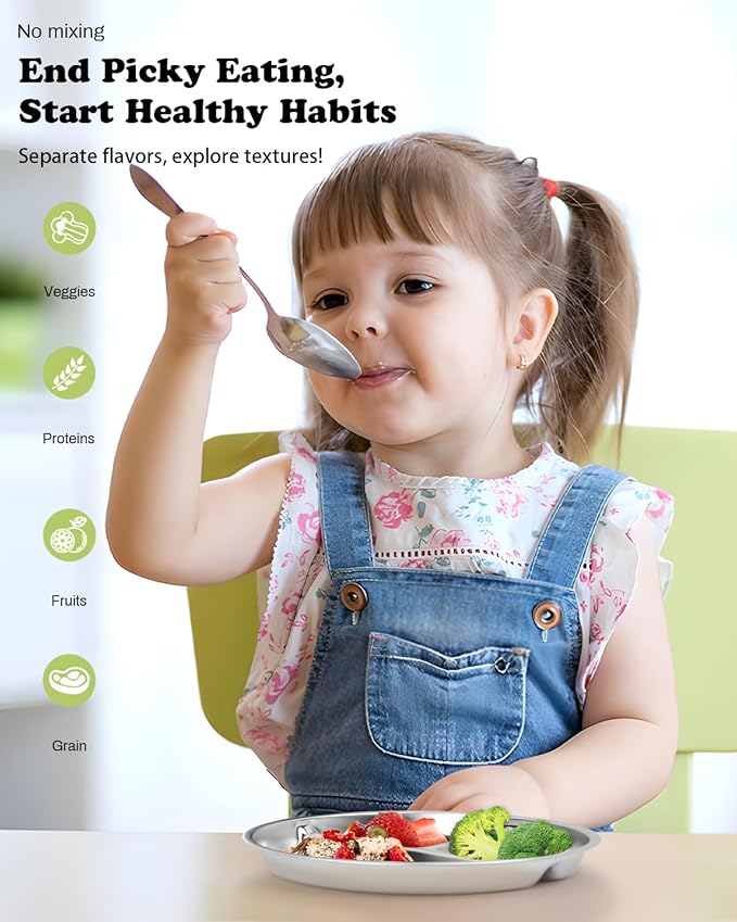 Bakpoco Stainless Steel Kids Plates 6 Packs, 8" Divided Toddlers Portion Control Plate, Non Toxic & BPA Free |Unbreakable |Dishwasher Safe Baby Snack Dish for Daycare, Restaurant Outings & Travel