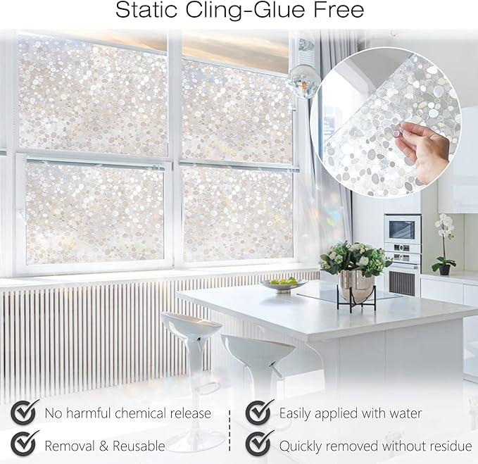 rabbitgoo Window Privacy Film, Decorative Rainbow Window Clings for Glass Covering, Static Cling Non Adhesive Door Stickers UV Blocking, Stained Glass Vinyl Decal, 3D Pebble, 35.4 x 78.7 inches