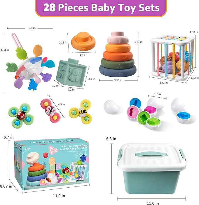 Weilim Baby Toys for 6 to 12 Months, Montessori Sensory Bins & Teething Toys, 6 in 1 Stacking Blocks, Rings, Eggs, Spinner, Crab Shape, 27 Pieces, Ages 6-36 Months