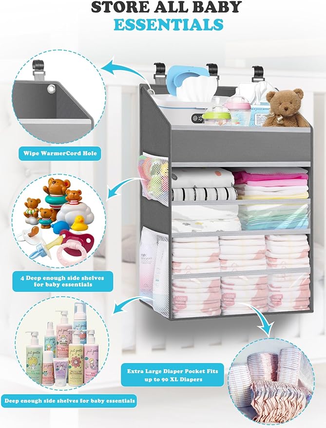 Hanging Diaper Caddy Organizer Crib Organizer–Spacious Baby Girl/Boy Nursery Storage Organizer for Changing Table, Playpen/Wall- Hold 90+ Diaper (Grey)