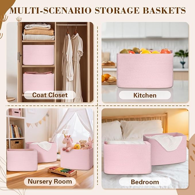 Degeyoyo Woven Storage Baskets, Pink Baskets for Organizing, 3 Pack Woven Basket for Storage, Storage Baskets for Shelf, Towel, Toy, Book, Closet, Baby 15"×10"×9"
