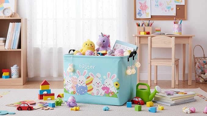 TIBAOLOVER Rectangular Easter Basket Easter Basket for Kids Baby Storage Basket Cute Toy Storage Bin Organizer Shelf Book Basket Easter Room Decor(Cartoon Easter Basket)
