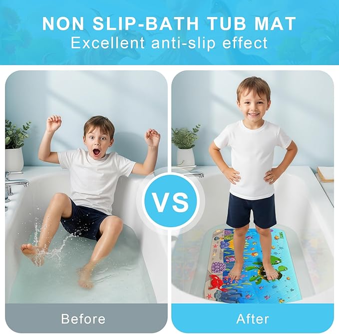 Upgrade Cartoon Baby Bath Mat Non Slip - 40"x16" Extra Long Bathtub Mat for Baby Eco Friendly Durable Bath Mat for Tub Non Slip Kids Tub Mat with Suction Cups, Machine Washable and No Fading, Turtle