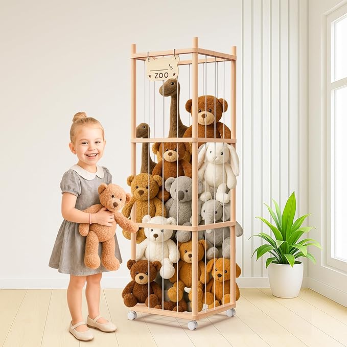 May Eileen Stuffed Animal Storage & Organizer, Wooden Cute Zoo Toy Holder for Toddler Rooms, Playrooms & Bedrooms, 53.54" x 15.74" x 15.74"