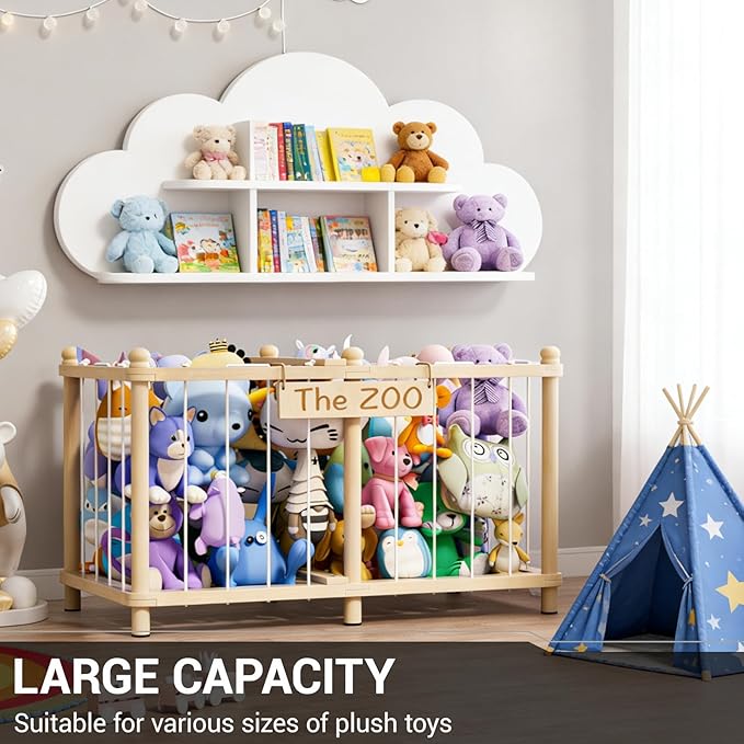 Viktorpai Stuffed Animal Storage Zoo, Wooden Toy Organizers and Storage, Large Capacity Kids Stuffy Organizer, Space Save Stable Plushies Holder Cage for Toddler Room, Bedroom, Playroom & Nursery