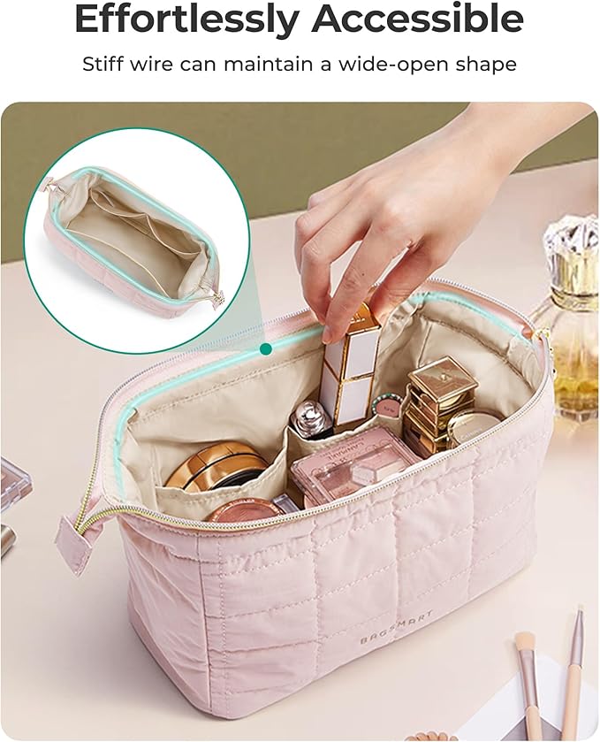 BAGSMART Makeup Bag Travel Toiletry Bag, Puffy Padded Make Up Bags for Women Makeup Organizer Case, Wide-open Pouch Purse Travel Essentials Toiletries Accessories Brushes, Pink