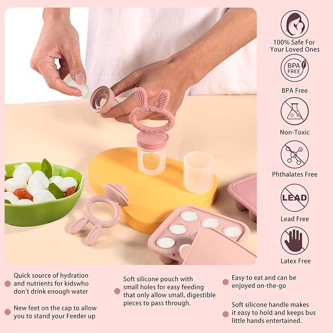 Baby Breastmilk Popsicle Molds & Baby Fruit Feeder (3 Pack), Baby Food Freezer Tray Storage Containers, Silicone Teething Pacifier Feeder and Teether for Babies,Baby Feeder-Pink