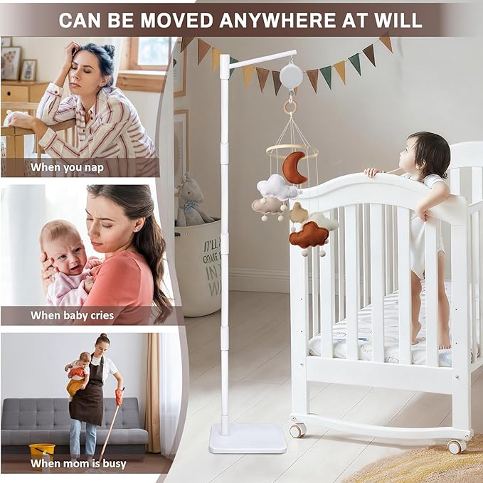 White Floor-Standing Crib Mobile Arm with Music Box - 65" Wooden Mobile Stand for Crib - 100% Beech Wood, 12 Lullabies, Volume Control - Rotating Crib Mobile Motor - Baby Mobile Hanger & Nursery Decor