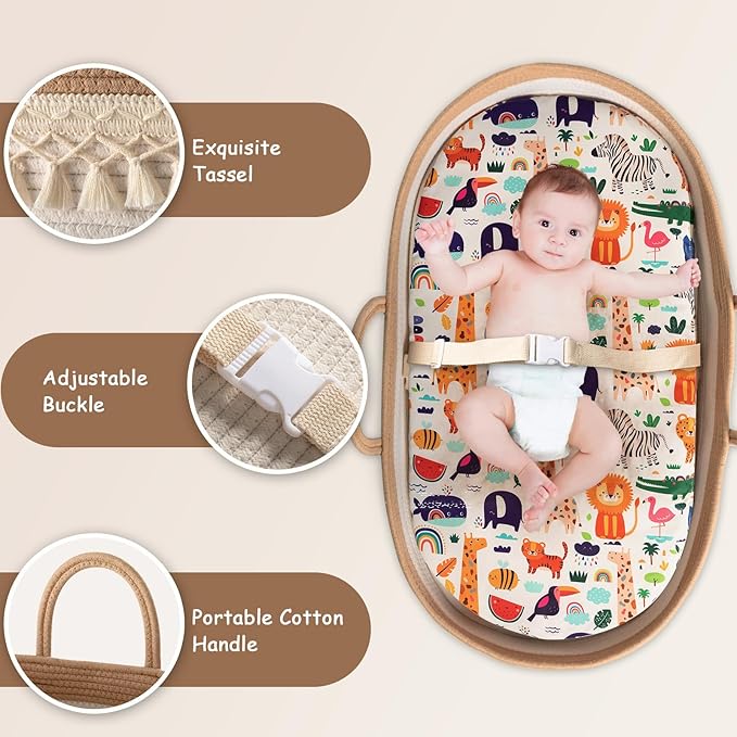 Baby Changing Basket, Boho Moses Baskets for Newborn, Baby Basket for Baby Dresser, Diaper Changing Basket for Baby with Diaper Caddy, Cartoon Changing Pad, Waterproof Sponge Cushion, Storage Bag