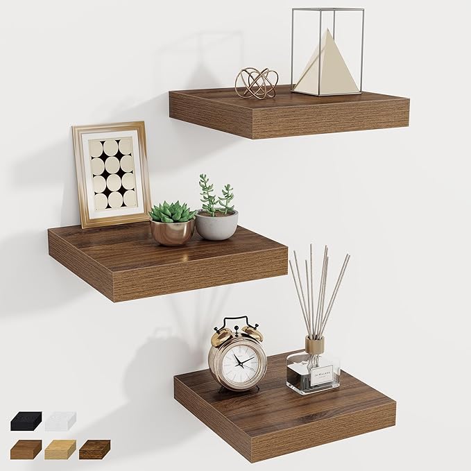 Fun Memories Square Floating Shelves for Wall, 9.3" W x 9.3" D x 1.4" H, Shelves for Wall with Invisible Brackets, Small Wood Storage Shelves for Kitchen, Living Room, Bedroom, Set of 3(Walnut)