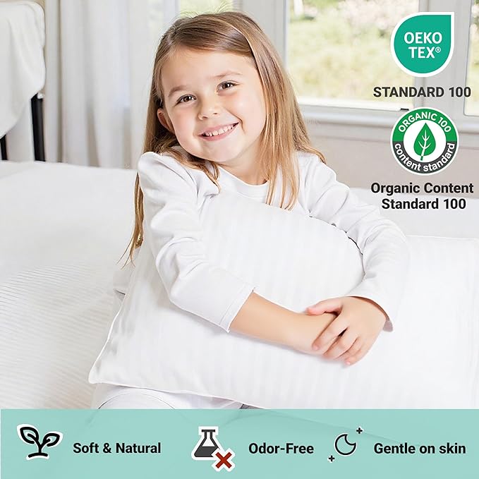 ZPECC Toddler Pillow with Pillowcase - 16x22 Organic Cotton Hypoallergenic Kids Pillow, Baby Essentials for Travel Crib Daycare Stroller (Intended for Age 2 and up) White Stripe