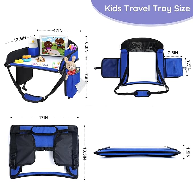 Kids Travel Tray for Car Seat, Toddler Road Trip Essentials with Dry Erase Board & Storage Organizer, Portable Carseat Lap Desk for Travel Activities, Blue