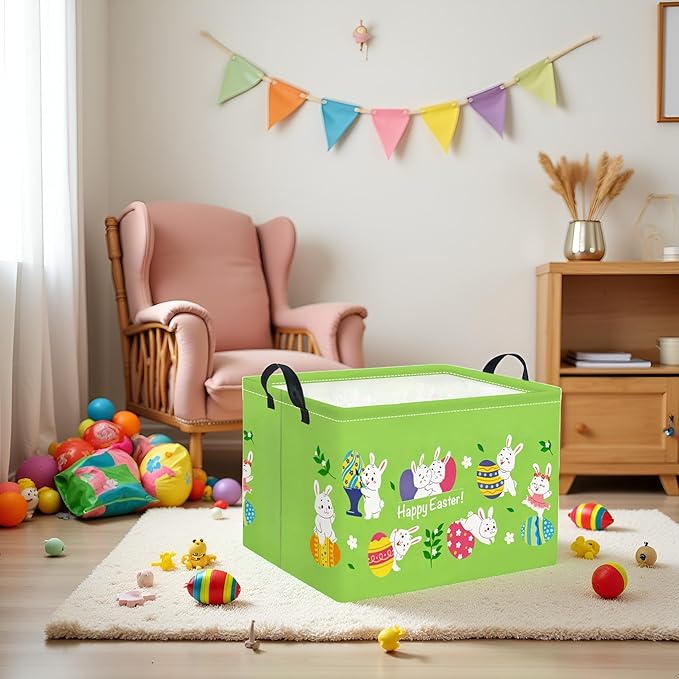 TIBAOLOVER Rectangular Easter Basket Easter Gift Basket for Kids Baby Storage Basket Cute Toy Storage Bin Organizer Shelf Book Basket Easter Room Decor(Green Easter Basket)