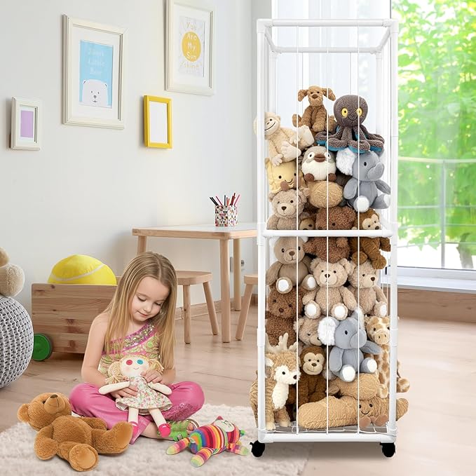 Stuffed Animal Storage Zoo with Wheels, 65" Tall Large Stuff Animals Plushies Holder Toy Organizer Kids Plush Storage Cage PVC with Elastic Band and Net for Nursery Playroom Corner for Toddler