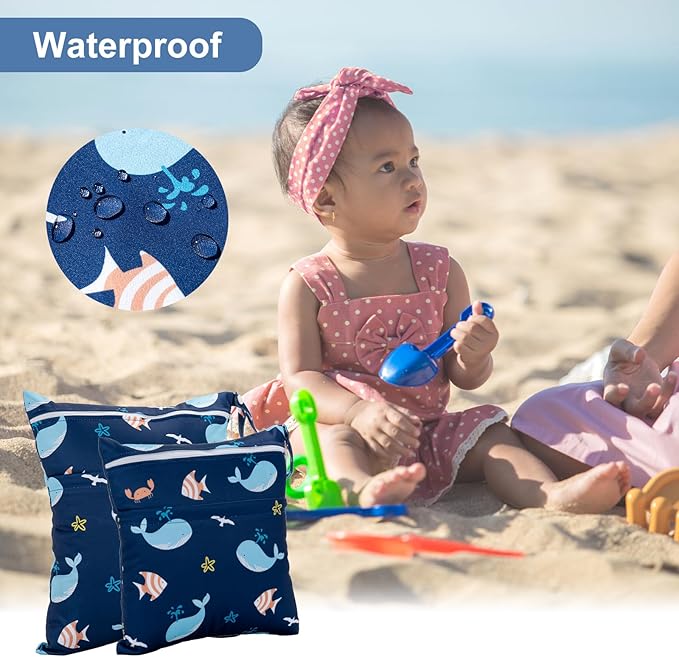 2 Pack Wet Dry Bags Waterproof Washable Travel Bags, Wet Bag with 2 Zippered Pockets for Diapers, Daycare, Bathing, Travel, Beach, Swimwear, Yoga Gym