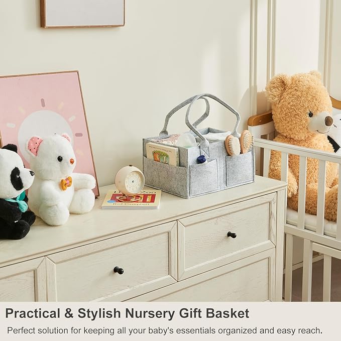 Upgraded Baby Diaper Caddy Organizer, Portable Nursery Storage Bin with Handle, Side Pockets Car Organizer for Diapers and Baby Wipes Essentials, Registry Gift Baskets (Small-Grey)