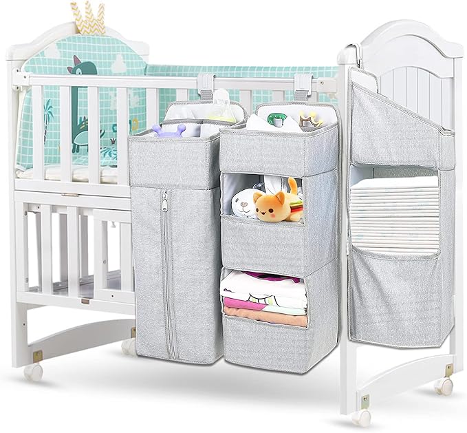 Hanging Diaper Caddy Organizer for Baby Crib - 3-in-1 Diaper Stacker for Changing Table Nursery Organization Storage Holder for Baby Essentials Attachment Portable Combining (Light grey)