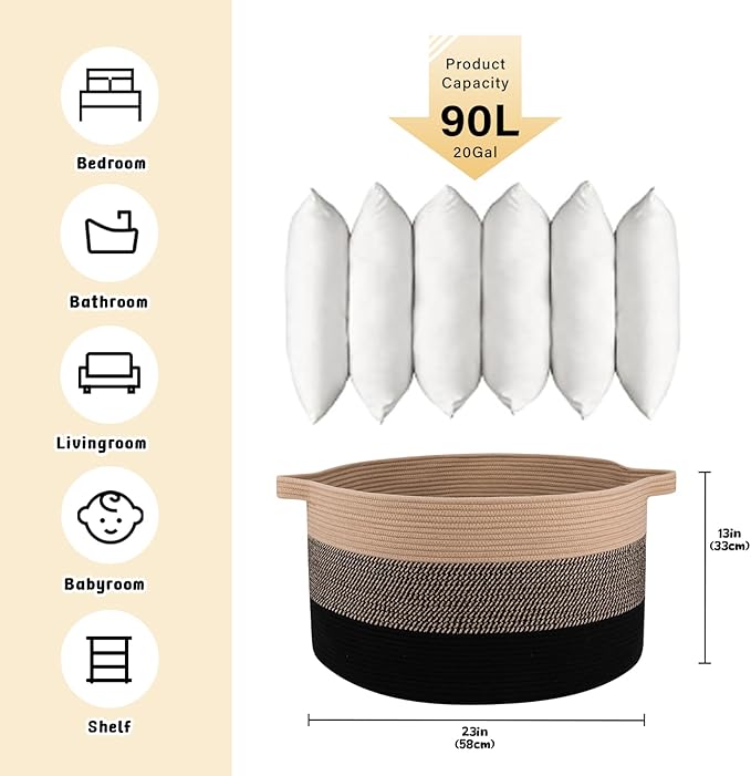 OIAHOMY 90L Blanket Basket for Living Room, Large Basket 23" x 23" x 13" with Handle, Laundry Hamper for Blankets, Pillows, Toy Storage for Kids, Dogs - Yellow and Black