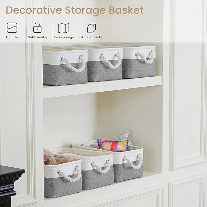 Storage Baskets for Shelves 11.8x7.9x5.2 Inch, Foldable Fabric Storage Bins with Handles, Small Storage Baskets for Organizing Closet, Office, Home Organization (1-Pack, White&Gray)