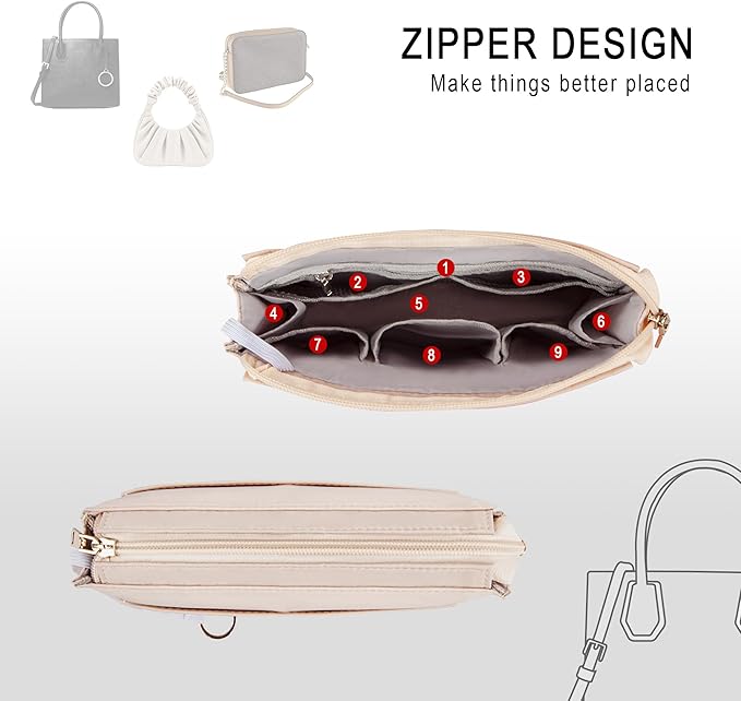 Vercord Purse Organizer Insert with Zipper for Women Hobo Handbags Shaper Insert 12 Pockets Bag Beige Small