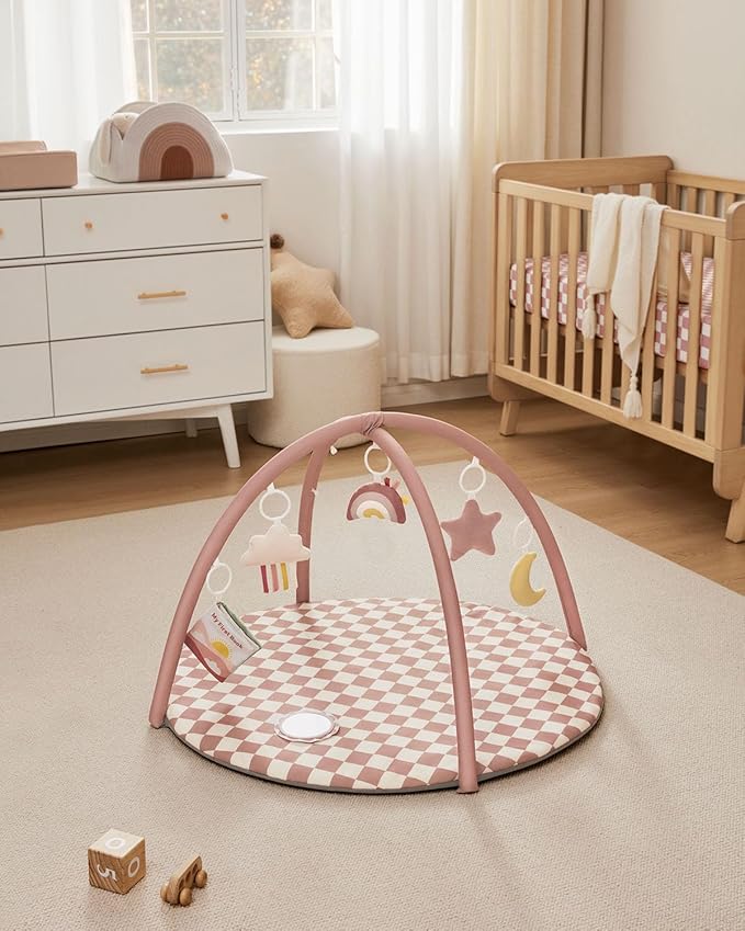 Blissful Diary Baby Play Gym Mat, Play Mat Activity Mat with 6 Detachable Toys for Stage-Based Sensory & Motor Skill Development, Easy to Install & Clean, Baby Essentials Gift, Blush Checkered