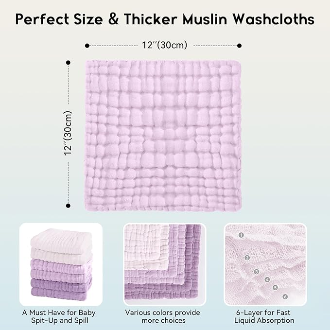 Unnivoll Muslin Burp Cloths Baby 12''X12'', Baby Washcloths 6 Pack, 100% Cotton Baby Wash Cloths Absorbent and Soft for Newborn Infants Kids Boys Girls - Gradient Purple
