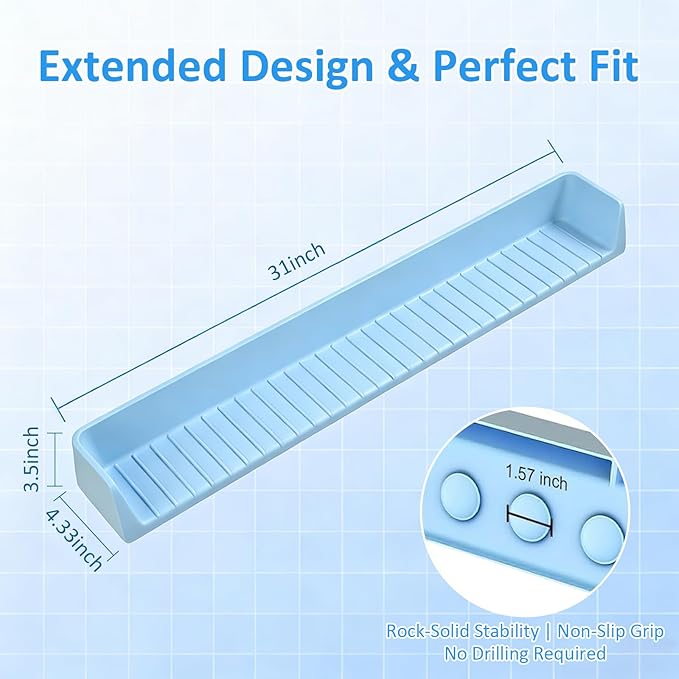 Bathtub Splash Guard for Kids - 31 Inch Silicone Tub Side Shelf with Strong Suction Cups, Toy Tray Holder to Prevent Water Spills, Keep Bathroom Dry (Light Blue)